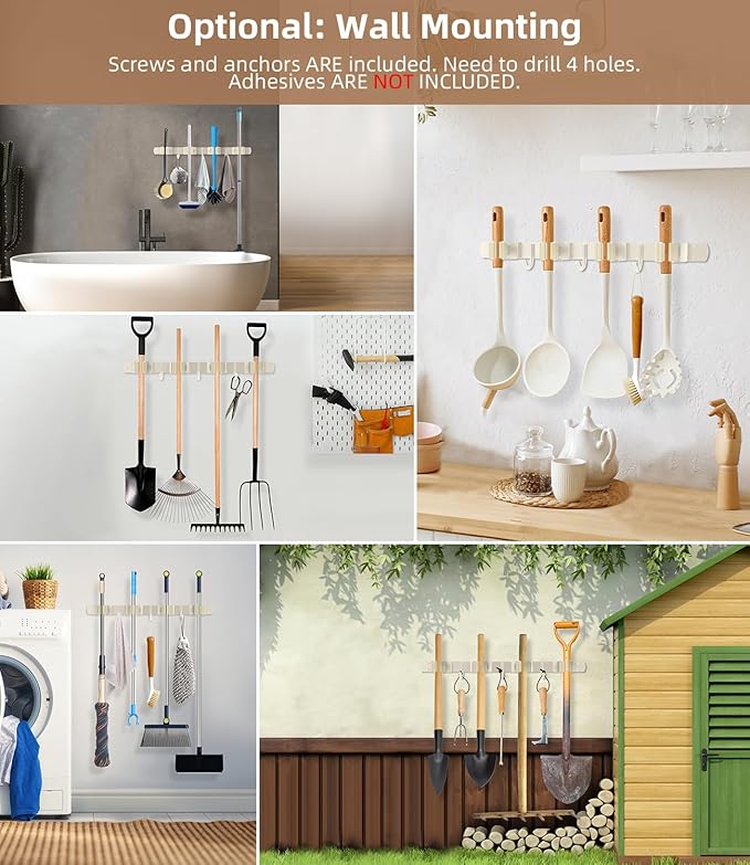 Broom Holder Over The Door - 304 Stainless Steel Mop and Broom Holder Wall Mounted or Hanging Over The Door with Hooks - Broom Hanger, Broom Storage Tool Organizer for Closet Laundry - light beige