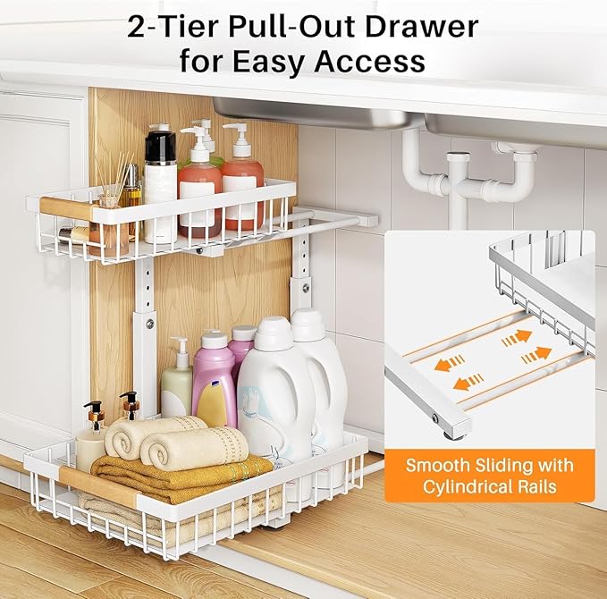 PXRACK 2 Pack Under Sink Organizer,Adjustable Height,2 Tier Pull Out Under Cabinet Organizer,Slide Out Thickened Metal Under Sink Storage for Kitchen Bathroom Laundry Cabinet Pantry,White(L)