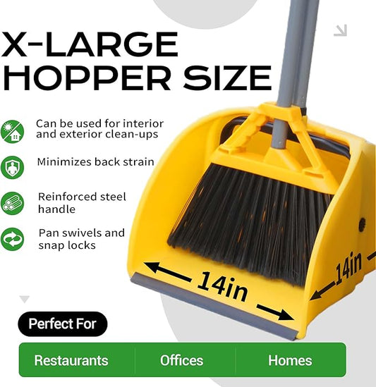 Commercial Broom and Dustpan Set Debris Dustpan with Handle,Jumbo Debris Pan, Trash Collection for Industrial/Professional Cleaning,2Sets, Yellow,Extra Big Size