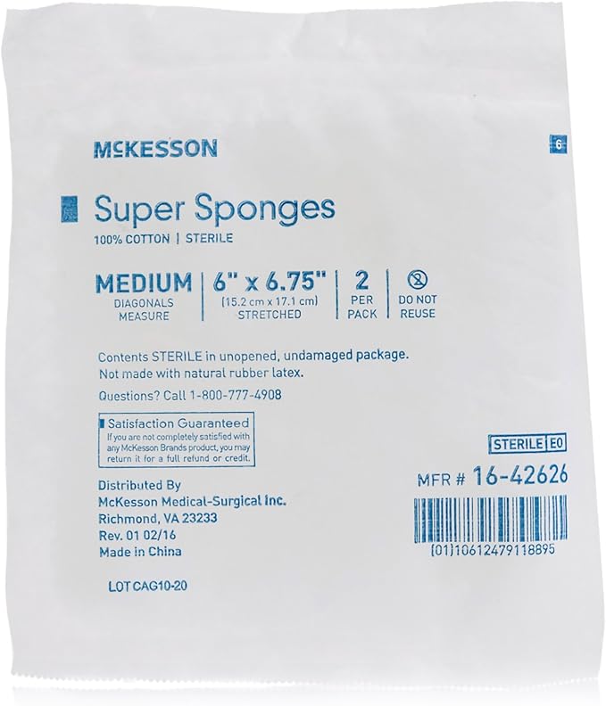 McKesson Super Sponges, Sterile, 100% Cotton, Fluff Dressing, 6 in x 6 3/4 in, 2 per Pack, 240 Packs, 480 Total