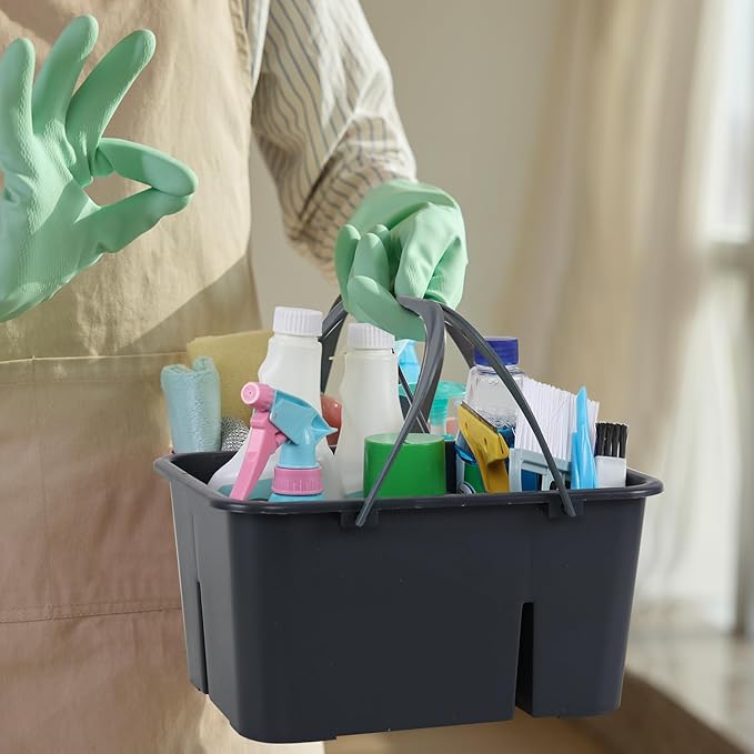 Plastic Divided Caddy Organizer with Handle, 4-Compartment Plastic Cleaning Caddy, Drak Gray