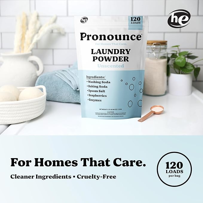 Pronounce Laundry Detergent Powder Alternative | Cleaner Ingredients. Safer for Sensitive Skin. Stain + Smell Fighting. Fragrance Free, HE Safe - 120 Loads (Unscented).