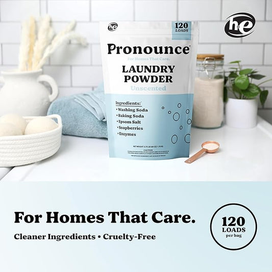 Pronounce Laundry Detergent Powder Alternative | Cleaner Ingredients. Safer for Sensitive Skin. Stain + Smell Fighting. Fragrance Free, HE Safe - 120 Loads (Unscented).