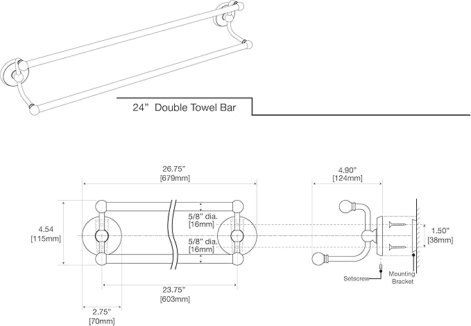 Gatco 5054 Designer II Double Towel Bar, 24 Inch, Brushed Brass/Wall Mounted 24" Double Towel Holder Bar Rack for Bathroom