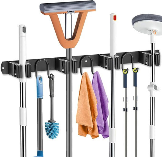 Mop Broom Holder Wall Mount, Black Stainless Steel Tool Storage Organizer for Kitchen Garden Garage Laundry Room Bathroom and RV with 4 Slots 6 Hooks