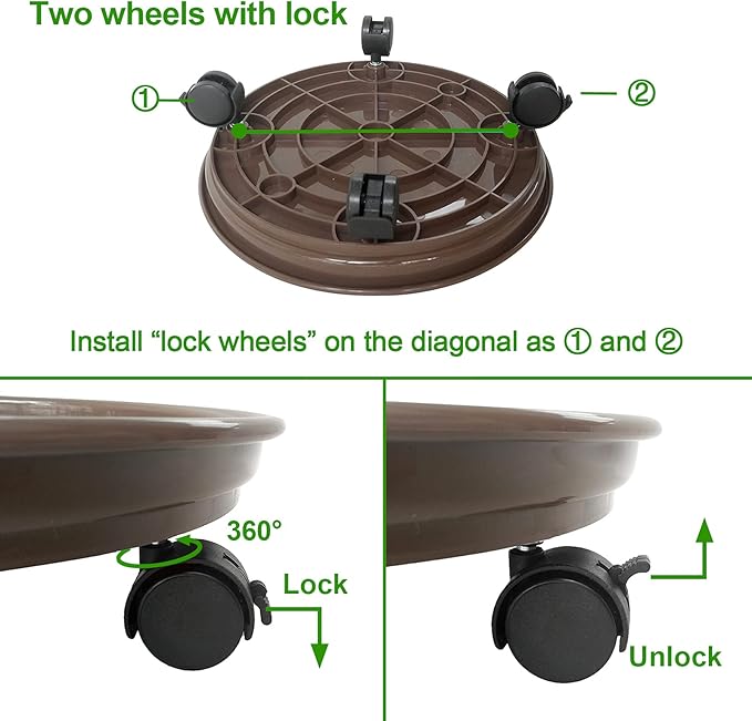 2 Pack of Plant Pallet Caddy with Wheels, Round Flower Pot Mover, Indoor Rolling Planter Dolly on Wheels, Outdoor Planter Trolley Tray Coaster, Brown