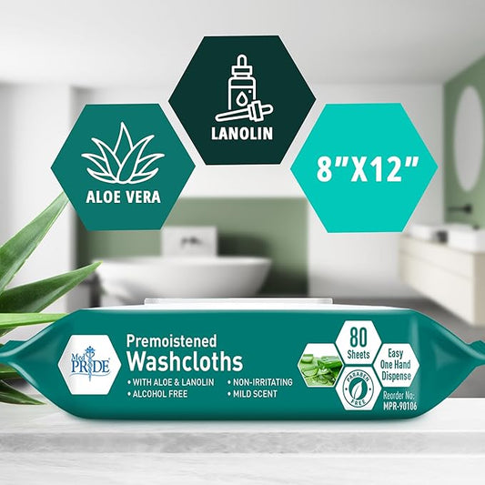 MED PRIDE Disposable XL Premoistened Washcloths 8” x 12” Pack of 80 - Adult Cloth Wipes For Sensitive Skin- Extra Soft Incontinence Wipes