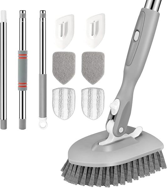 SetSail Floor Scrub Brush, 3-In-1 Tile Tub Floor Scrubber with 52-inch Adjustable Long Handle Shower Cleaner Brush and 4 Detachable Replacement Brush Heads for Cleaning Bathroom Kitchen Tub Tile, Grey