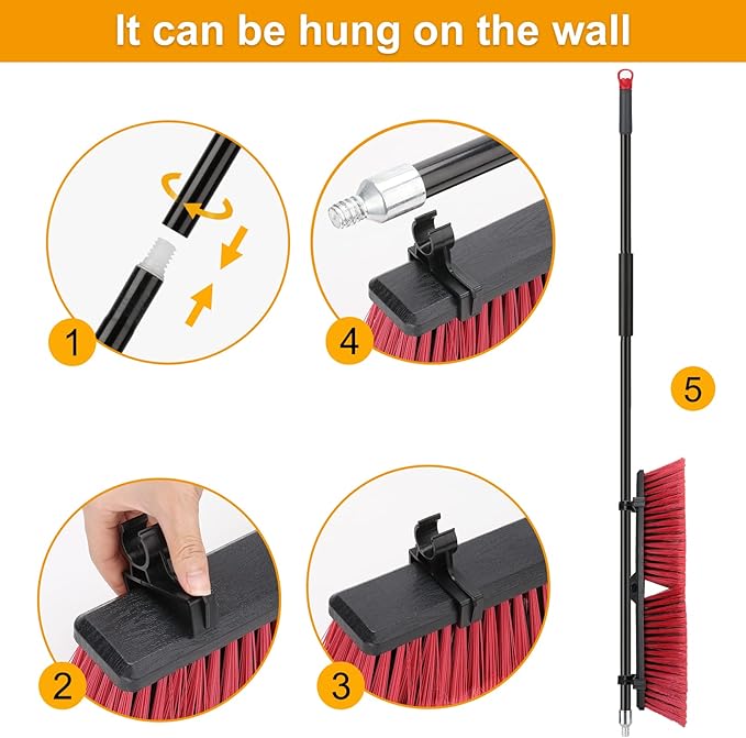 18 inches Push Broom Outdoor Garden Broom with 63" Long Handle for Deck Driveway Garage Yard Patio Concrete Floor Cleaning(Red)