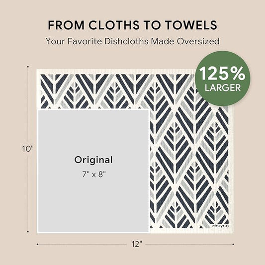 RECYCO Swedish Dishcloths for Kitchen | 4 Pack Oversized Washable Dish Rags | Large Cellulose Reusable Cleaning Paper Towels | Absorbent Counter Dish Cloth Sponge XL Kitchen Wipes, 12" L x 10" W