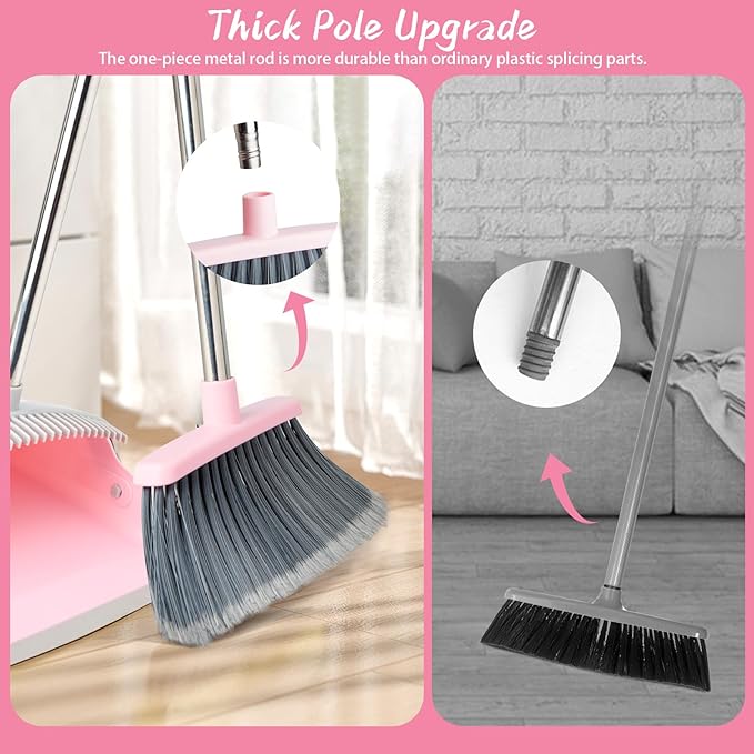 Broom and Dustpan Combo Set, Long Handle and Standing Dust Pan with Comb Teeth, Efficient Floor Cleaning for Kitchen, Outdoor, Dorm, Apartment, Office Lobby (Pink Gray)