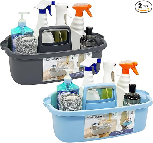 2 Pack Multi-Purpose Plastic Cleaning Caddy with Handle, Shower Caddy Organizer/Storage Basket/Totes Portable for Bathroom Supplies, Cleaning Products, Under Sink Tool. (blue+grey)