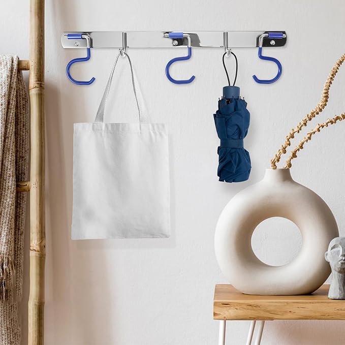 Stainless Steel Mop and Broom Holder Wall-Mounted Utility Hooks with 3 Mop Slots and 2 No-Drill Hooks for Bathroom Towel Storage and Home Organization