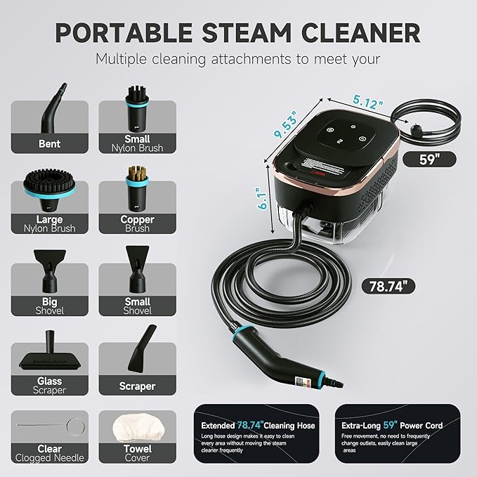 Steam Cleaner for Home, Powerful Steamer for Cleaning, 4Bar Pressure & 15S Instant Heat, Multipurpose Cleaning Steamer with Replacement Heads for Home, Dirt, Grease, Grout, Tile,Floor, Car Detailing