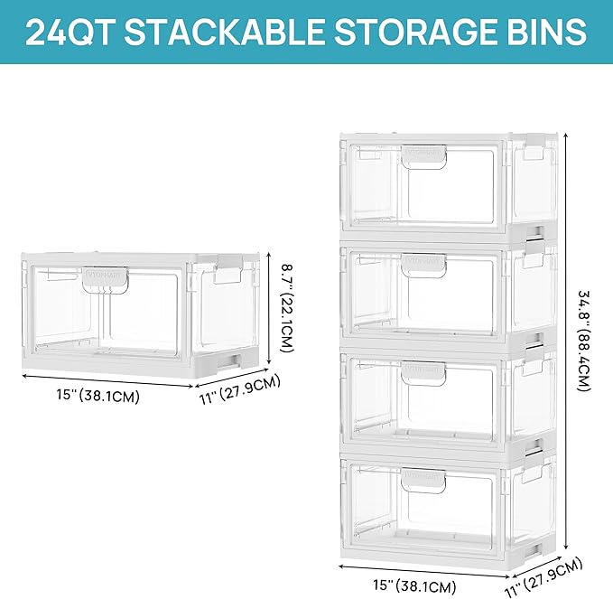 Vtopmart 1 Pack Clear Stackable Storage Bins with Lids 24QT, Foldable Storage Boxes with Doors Open Front, Plastic Closet Organizer for Craft, Toys, Pantry Organization