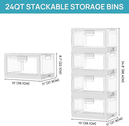 Vtopmart 1 Pack Clear Stackable Storage Bins with Lids 24QT, Foldable Storage Boxes with Doors Open Front, Plastic Closet Organizer for Craft, Toys, Pantry Organization