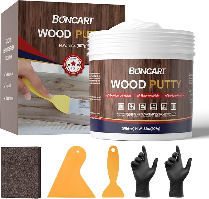 32oz Wood Filler Putty - White, Paintable Furniture Repair Kit for Quickly Fixing Broken and Defective Wooden Furniture, MQNZ-08