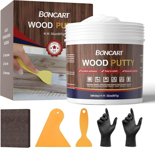 32oz Wood Filler Putty - White, Paintable Furniture Repair Kit for Quickly Fixing Broken and Defective Wooden Furniture, MQNZ-08