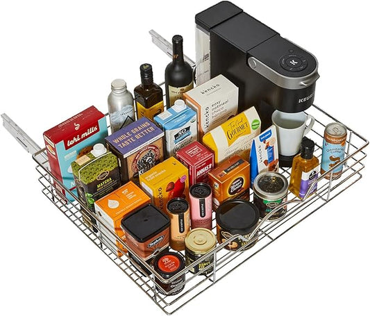 HOLDN’ STORAGE Heavy-Duty Premium Collection Pull Out Cabinet Organizer, Cabinet Drawer Slide Outs, Lifetime Limited Warranty - Basket Size 28" W x 21" D x 5" H, Anti-Rust Chrome Finish