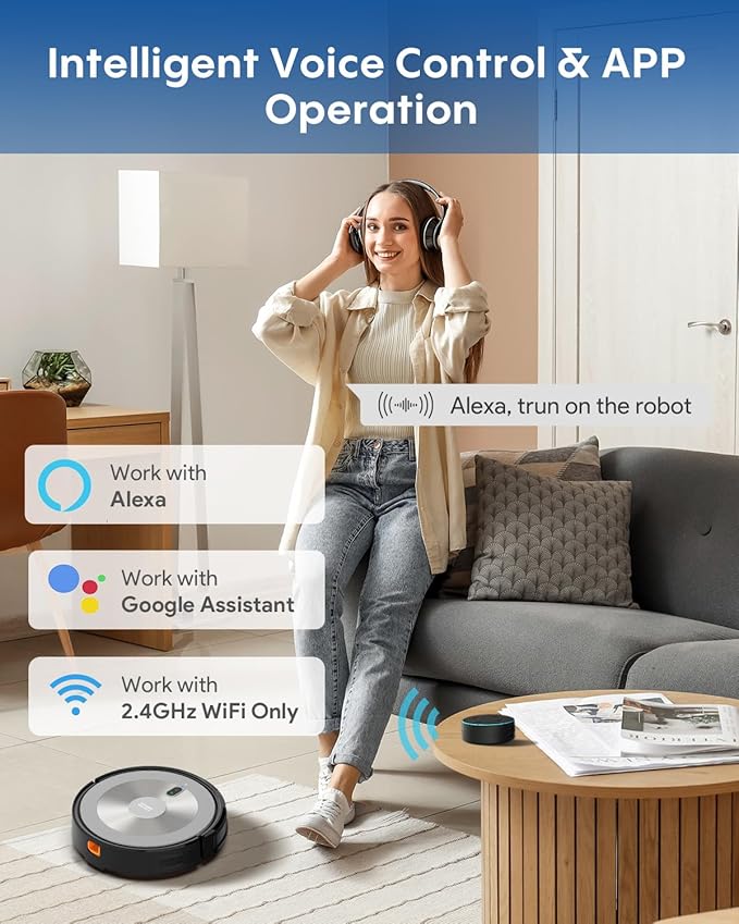 Robot Vacuum and Mop Combo, 5000Pa 3-in-1 Robotic Vacuum Cleaner, Brushless Motor, Tangle-Free Design, Smart App/Alexa Control, Auto Charging & Schedule, ideal for Pet Hair, Hard Floor and Carpet