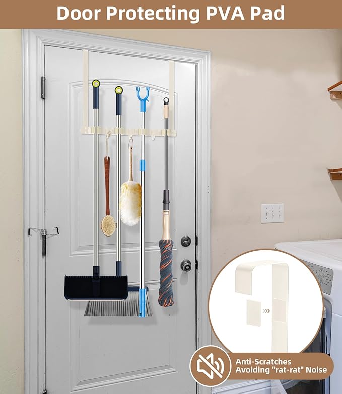 Broom Holder Over The Door - 304 Stainless Steel Mop and Broom Holder Wall Mounted or Hanging Over The Door with Hooks - Broom Hanger, Broom Storage Tool Organizer for Closet Laundry - light beige