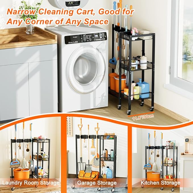 Broom and Mop Holder with Cleaning Supplies Organizer, Narrow Cleaning Cart with Cleaning Caddy, 25.6"W Medium Cleaning Rack with Grippers Rack Hooks for Housekeeping Laundry Room Organization