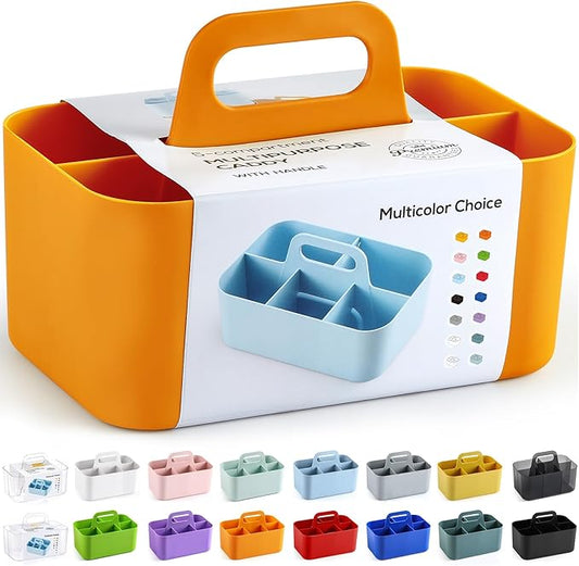 Multiuse Caddy Organizer with Handle, Stackable Plastic Tote Bin - Art Craft Supplies, Office, Desk, Stationery Pen Holder, Kitchen, Utensil, Makeup, Bathroom, Shower, Cleaning, Dorm Organizer, Orange