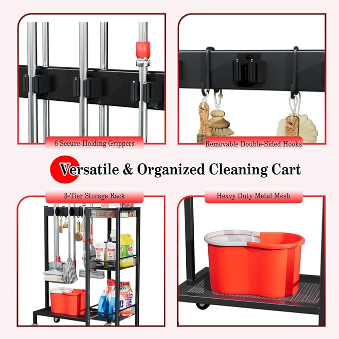 Broom and Mop Holder with Wheels, Large Capicity Cleaning Supplies Organizer with 3-tier Storage Shelf, Cleaning Rack with Hanger Grippers Hooks, Narrow Housekeeping Rack for Laundry Room Garage