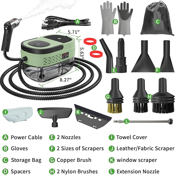 Handheld Steam Cleaner for Home, 2500W High Temperature Pressurized Machine, 1.6L Water Tank, Handle-controlled Steam Output, Portable Cleaning Steamer for Car, Bed Bugs, Furniture (Green, 16 PCS)