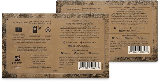 Grab Green Stoneworks Cruelty-Free Dryer Sheets | Softens Fabrics, Freshens Clothing & Reduces Static-Cling and Wrinkles | Plant Based | Oak Tree Scent (160 Sheets)