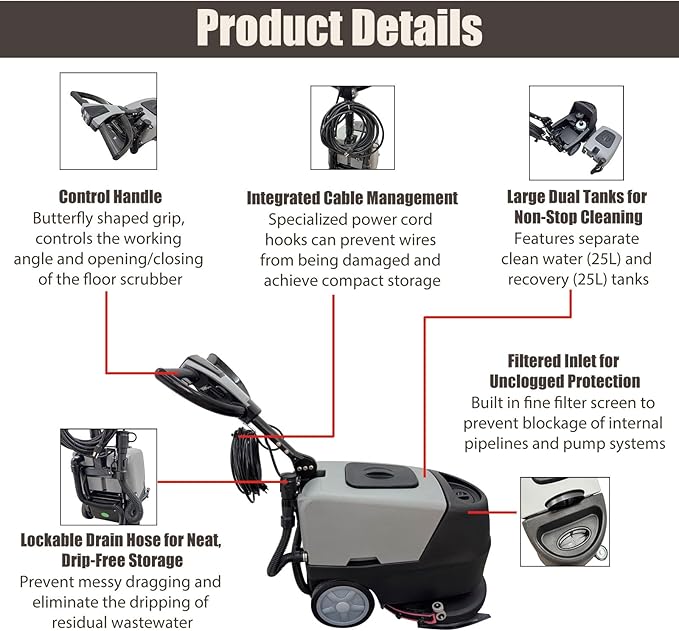 110V Commercial Floor Scrubbing Machine 16.9" Automatic Walk-Behind Floor Scrubber Dryer 13.2 Gallons of Dual Tanks for Warehouse/Office/Hotel 173RPM