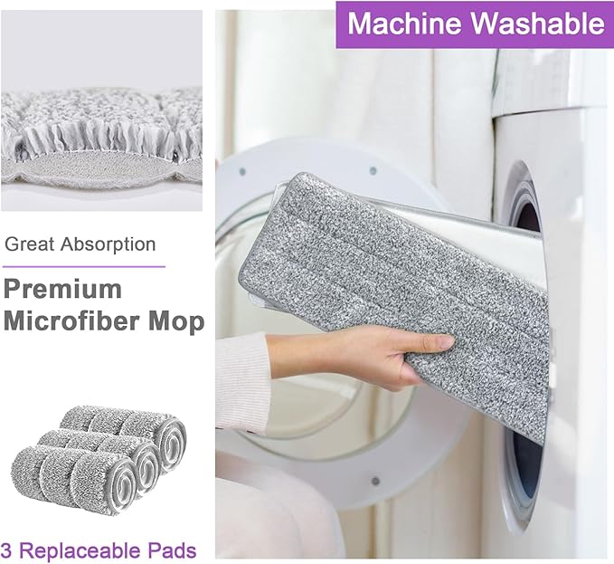 Mop and Bucket with Wringer Set, Hands Free Flat Floor Mop and Bucket, 3 Washable Microfiber Pads Included, Wet and Dry Use, Home Floor Cleaning System for All Floor Types and Windows, Purple
