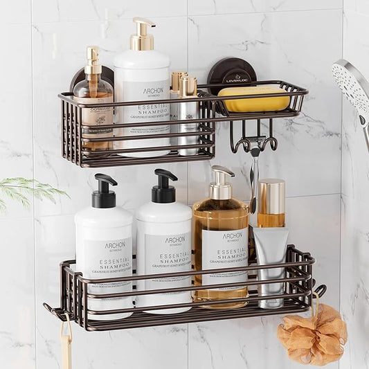 LEVERLOC Shower Caddy Suction Cup, 2 Pack Shelves for Inside with Hooks and Soap organizer, NO-Drilling Bathroom Holder, Rustproof Meatl Bathroom Basket, Brown