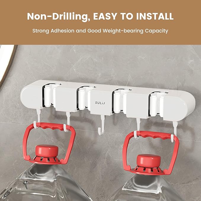 3PCS Broom Holder Wall Mount, No-Drilling Self-Adhesive Mop and Broom Storage Rack (4 Racks with 5 Hooks),Wall-Mounted Broom Hanger for Bathroom, Kitchen, Closet, Garage, White