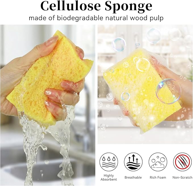6 Pcs Kitchen Sponges for Dishes Cleaning, Non Scratch for Non Stick Cookware, Compressed Natural Cellulose Sponges, Dish Washing Scrubbers, Scrubbing Pads for Household, Bathroom (Yellow)