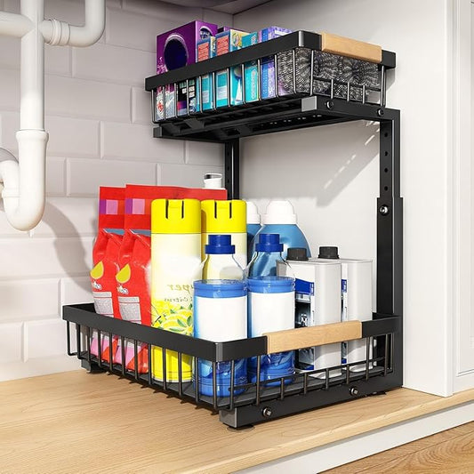 PXRACK 1 Pack Under Sink Organizer,Adjustable Height,2 Tier Pull Out Under Cabinet Organizer,Slide Out Thickened Metal Under Sink Storage for Kitchen Bathroom Laundry Cabinet Pantry,Black(S)