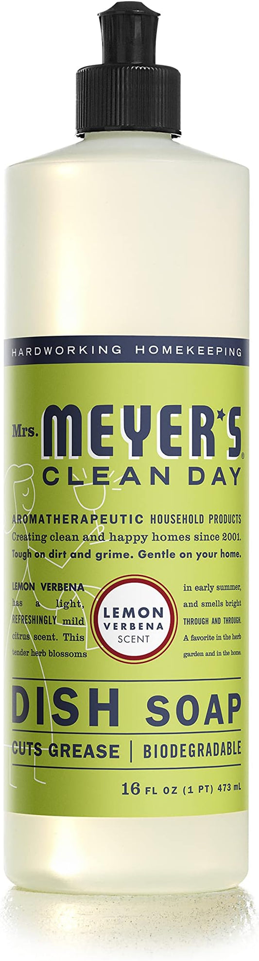 Mrs. MEYER'S Clean Day Liquid Dish Soap, Cruelty Free and Non-Toxic, Lemon Verbena Scent, 16 oz- Pack of 6