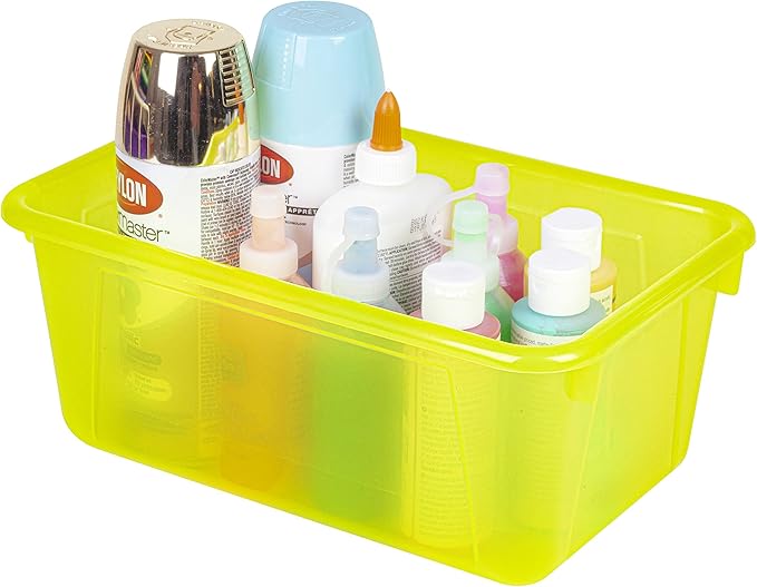 Storex Small Cubby Bins – Plastic Storage Containers for Classroom with Non-Snap Lid, 12.2 x 7.8 x 5.1 inches, Tint Yellow, 5-Pack (62482U05C)