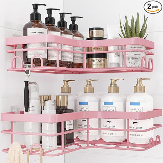 Corner Shower Caddy - 2 Pack, Adhesive Shower Organizers, Rustproof Stainless Steel Shower Shelves with 8 Hooks, No Drilling Bathroom Organizers and Storage Racks, Space-Saving, Pink, X-Large