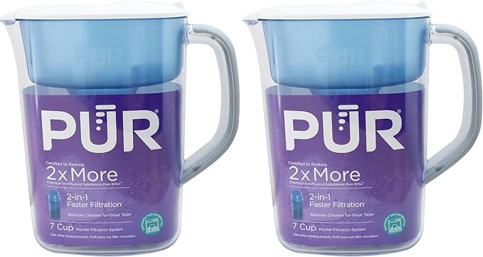 PUR 7-Cup Water Filter Pitcher, Cleaner, Great-Tasting Water, Dishwasher Safe, Powerful, Faster Filtration, LockFit Cap Design - White (Pack of 2)