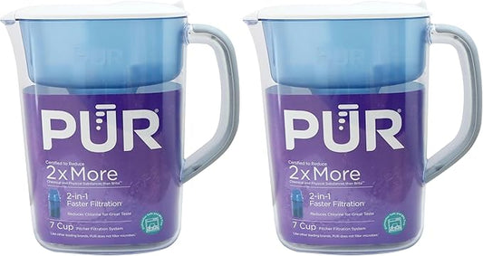 PUR 7-Cup Water Filter Pitcher, Cleaner, Great-Tasting Water, Dishwasher Safe, Powerful, Faster Filtration, LockFit Cap Design - White (Pack of 2)