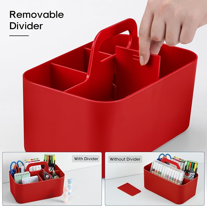 Multiuse Caddy Organizer with Handle - Stackable Plastic Tote Bin - Art Craft Supplies, Office, Desk, Stationery Pen Holder, Kitchen, Utensil, Makeup, Bathroom, Shower, Cleaning, Dorm Organizer - Red