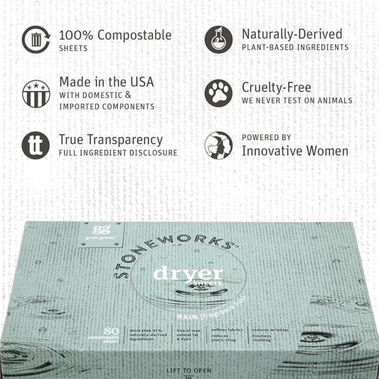 Grab Green Stoneworks Cruelty-Free Dryer Sheets | Softens Fabrics, Freshens Clothing & Reduces Static-Cling and Wrinkles | Plant Based | Fragrance Free (160 Sheets)