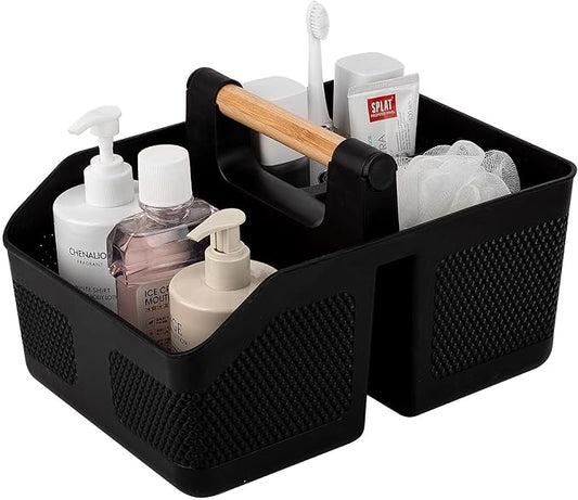 rejomiik Shower Caddy Portable with Bamboo Handle, Plastic Basket Cleaning Caddy Organizer Storage Tote for Bathroom, College, Dorm Room Essentials, Black