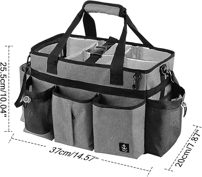 Large Cleaning Caddy Bag Built-in Sturdy Support Board, Cleaning Organizer with Detachable Divider, Cleaning Supply Tote with Adjustable Shoulder Strap&Waist Belt for Cleaners & Housekeeper
