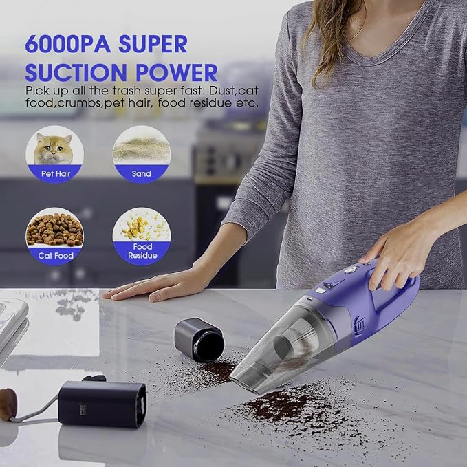 Handheld Vacuum Cordless Rechargeable – 6000Pa Mini Hand Held Vacuum, LED Light, 20–25 Mins Runtime, USB Charging, 500ML Cup – Lightweight Small Vacuum Cleaner Cordless for Car/Office/Home