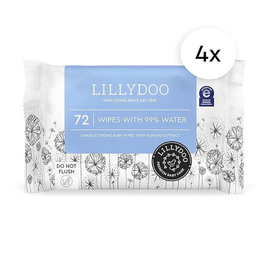 LILLYDOO Baby Wipes with 99% Water – Unscented, Hypoallergenic, Plant-Based, Strong & Plastic-Free, Compostable, 4 resealable Packs x 72 (288 Wipes Total)