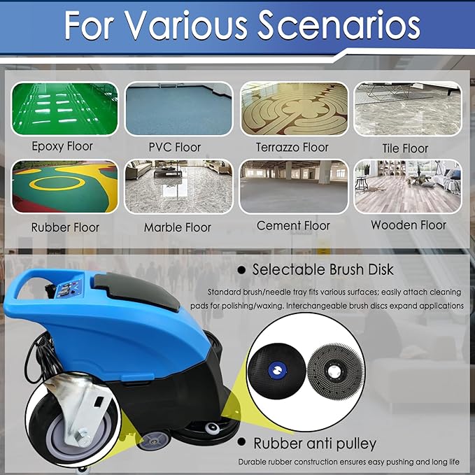 Commercial Floor Scrubber Washer Dryer 20'' Hand Push Auto Floor Cleaner 13Gal Clean & 10.5Gal Dirty Water Tank, 65dB Low Noise for Mall/Hotel/Airport/Factory/Office, Wire-Type 110V