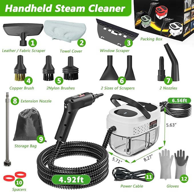 Handheld Steam Cleaner, 2500W High Pressure Steamer for Cleaning, Portable Steam Cleaner with 1.6L Water Tank, 3 Levels Adjustable Handle, Steam Cleaner for Home, Car, Furniture, Bed Bugs (White)