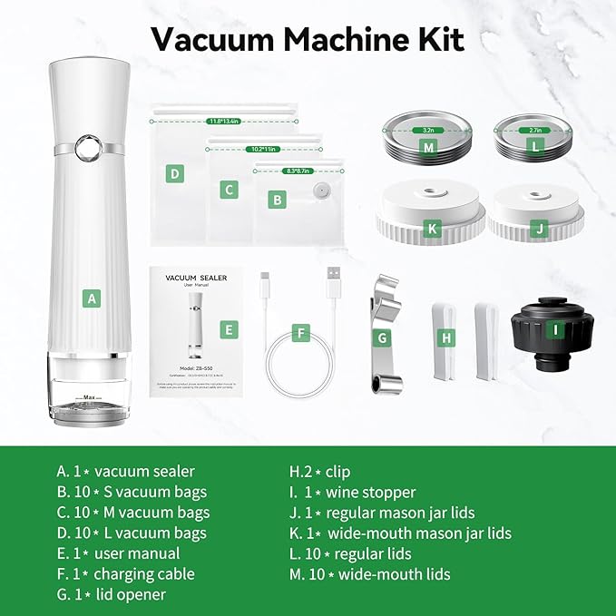 Vacuum Sealer for Food (Compact Vacuum Sealer Machine+30 Reusable Bags+20 Mason Jar Lids+Wine Stopper), Handheld Mason Jar Vacuum Sealer for 10X Preservation & Fresh, 80Kpa Portable Vacuum Food Saver